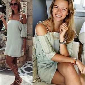 ZARA Pastel Green Off-Shoulder Embroidered Dress